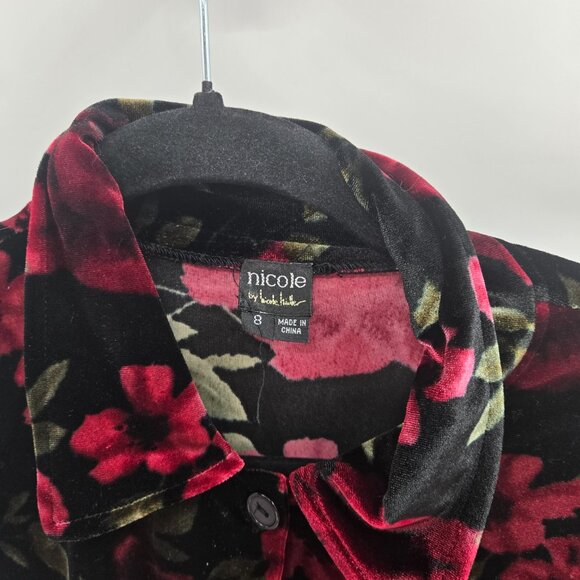 Nicole By Nicole Miller Black Red Velvet Floral Button Down Blouse Size 8 - Picture 3 of 7